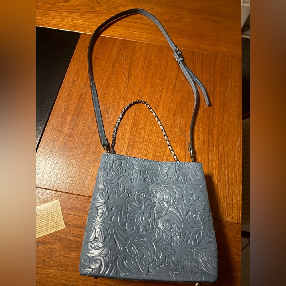 Patricia Nash Ledra Safflower Blue Tooled Leather Crossbody Bucket Bag